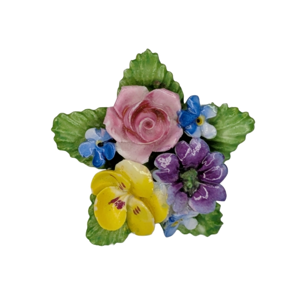 Vintage Denton China Hand Painted 3D Floral Brooch Pin Made‎ in England